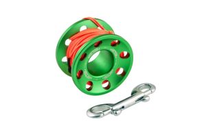 Alu cívka s oranžovou šňůrou a nerez karabinou, různé barvy 