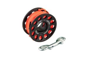 Alu cívka s oranžovou šňůrou a nerez karabinou, různé barvy 