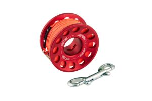 Alu cívka s oranžovou šňůrou a nerez karabinou, různé barvy 